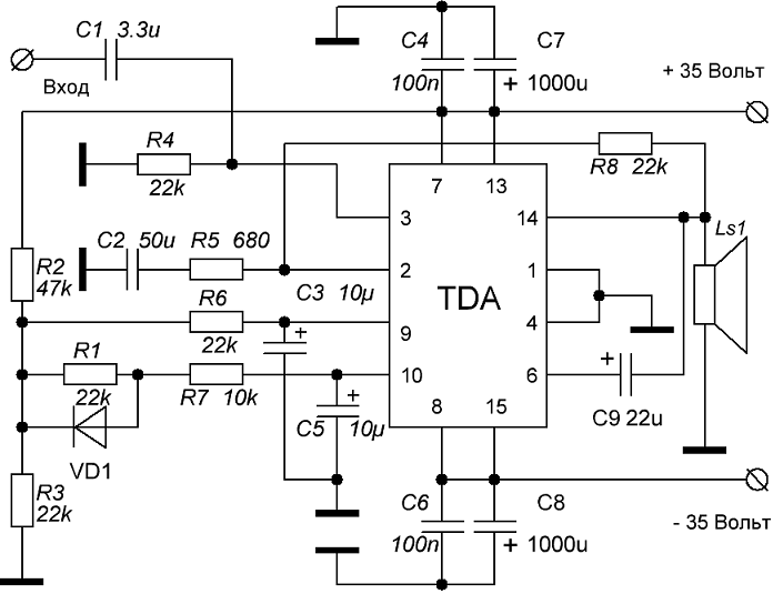 Схема мощного усилителя на TDA7294 с защитой от перегрузки