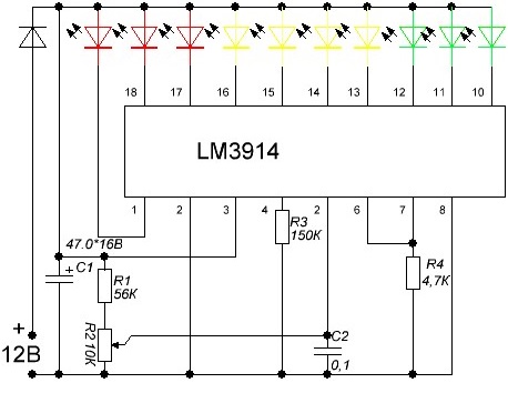 Светодиодный индикатор заряда аккумулятора автомобиля на LM3914