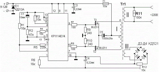 Схема преобразователя напряжения 12 в 220 в на TL494 и транзисторах IRFZ44
