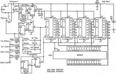 Цифровой измеритель ёмкости конденсаторов на микросхемах К561ЛА7