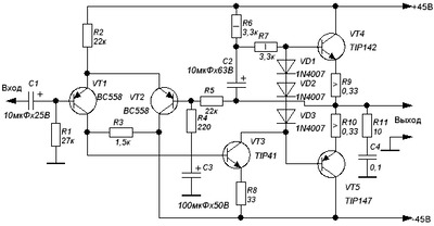 Простой усилитель УНЧ 100 Вт на зарубежных транзисторах