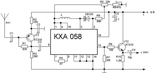 FM радиоприёмник с напряжением питания 6 вольт на микросхеме KXA058