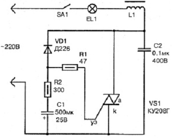 Автомат защиты ламп накаливания от перегорания на симисторе КУ208