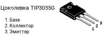 Цоколёвка и размеры кремниевого NPN транзистора TIP3055