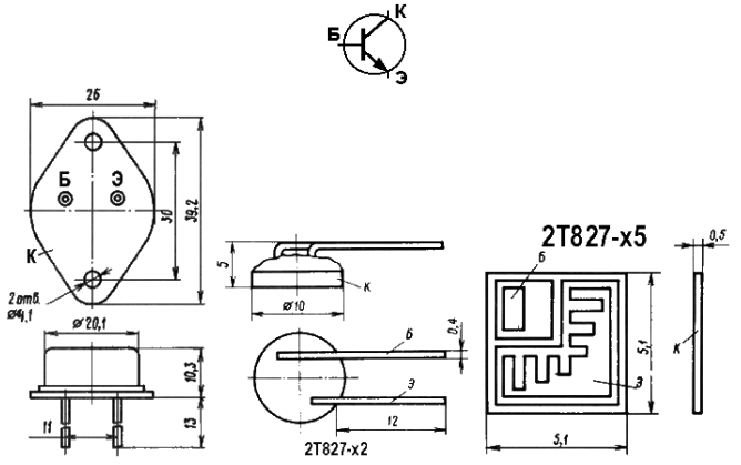 Обозначение на схеме и реальные размеры транзистора КТ827, 2Т827