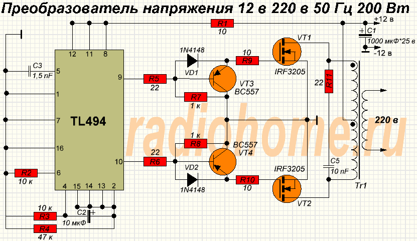 Преобразователь напряжения 12 - 220 В на микросхеме TL494 (200 Вт)